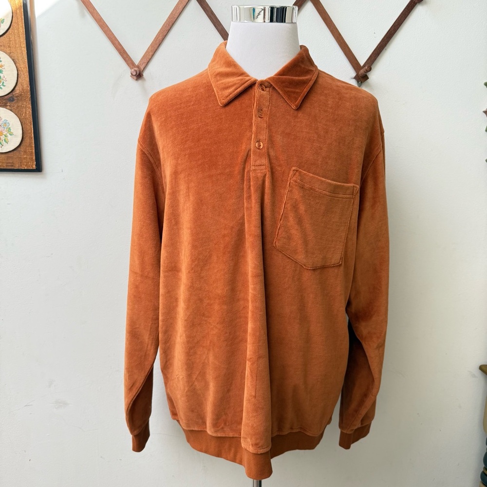 Vintage Velour Rust Orange Long Sleeve Polo Sweater